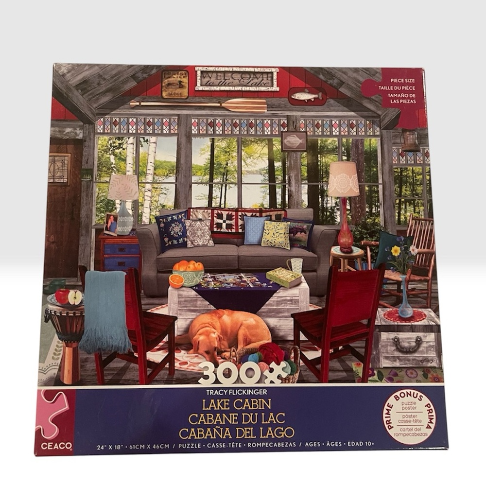 Lake Cabin Puzzle by Tracy Flickinger - Cozy Red & Blue Living Room